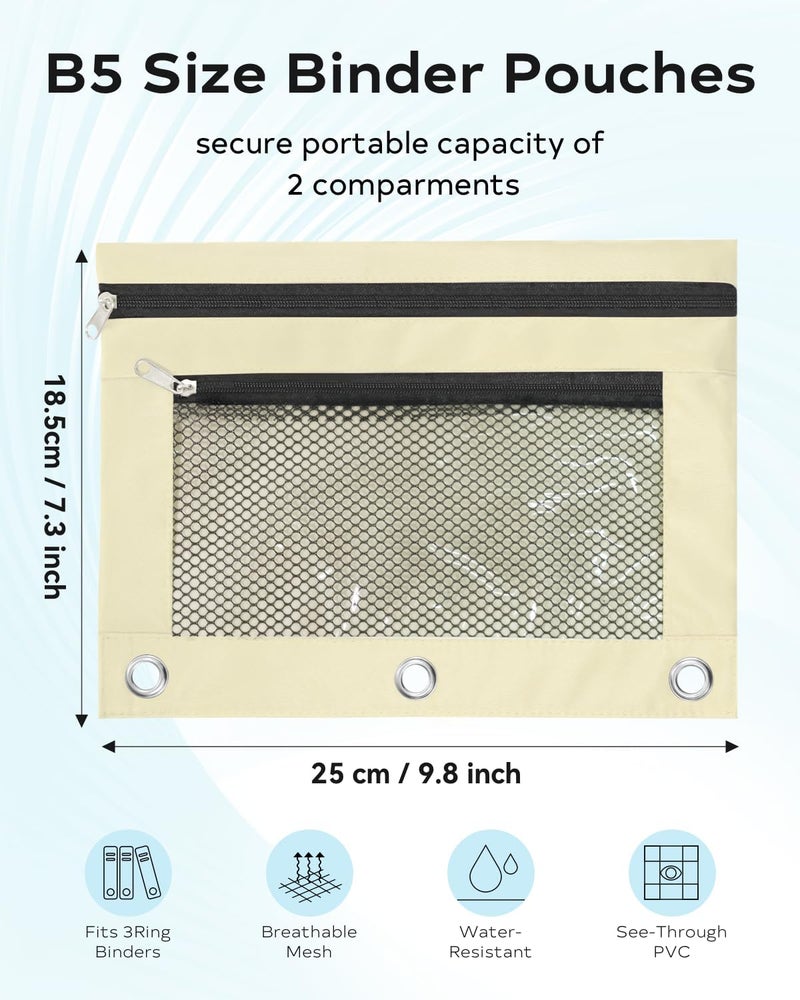 ASBEFORE Pencil Pouch for 3 Ring Binder - 3 Hole Zipper Pen Case Bag Holder Bulk Accessories Clear Window Aesthetic Organizer Pockets (Beige, 1) - Image 2